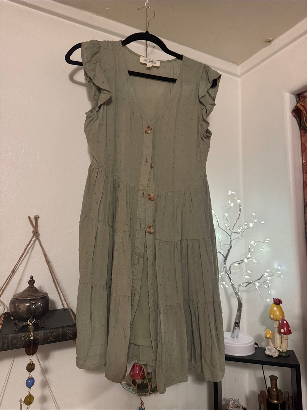 Sweet Wanderer Sage Green Tiered Button Midi Dress